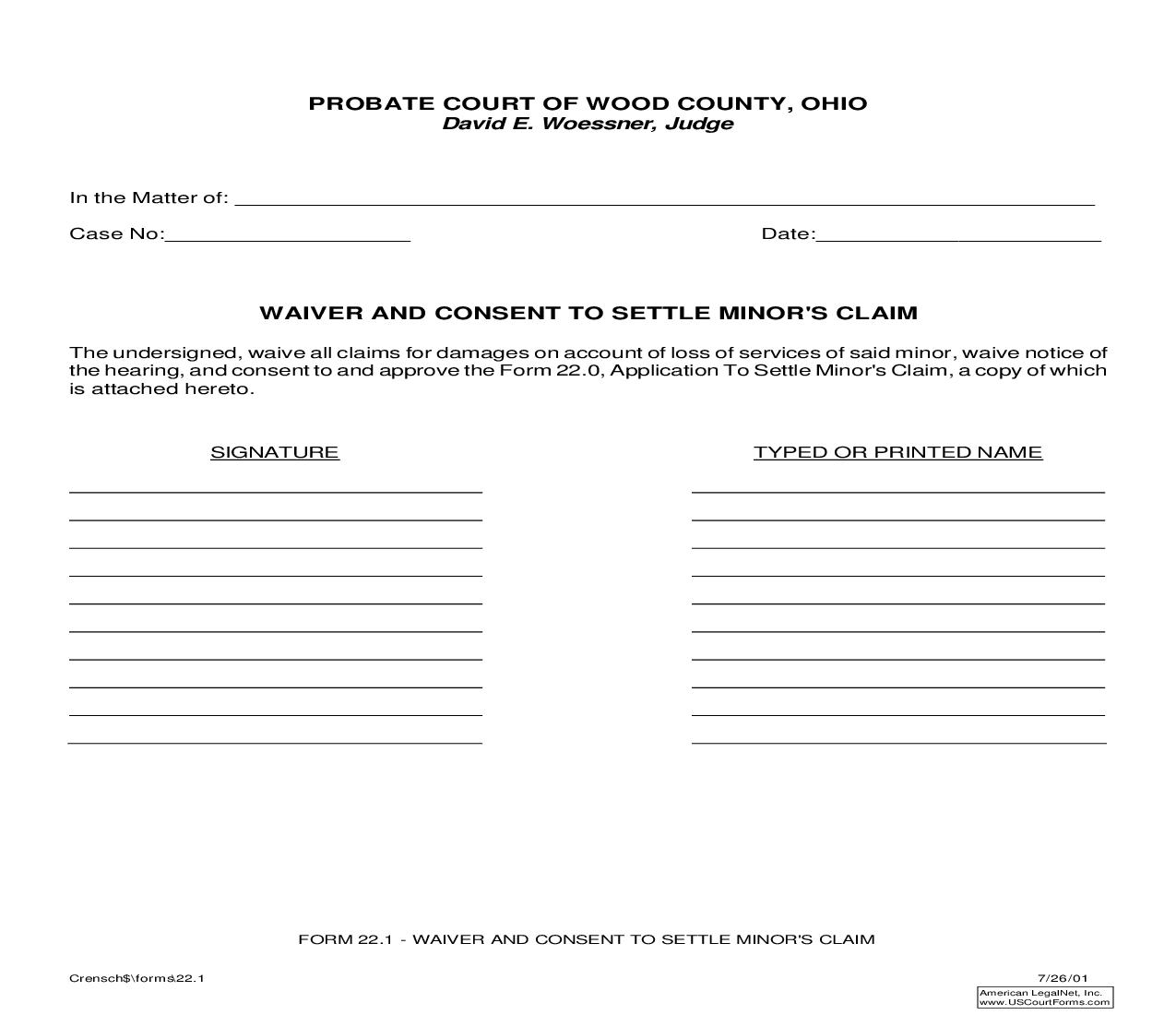 Waiver And Consent To Settle Minors Claim {22.1} | Pdf Fpdf Doc Docx | Ohio