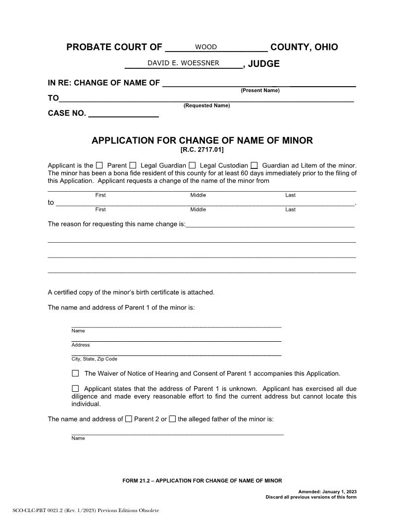 Application For Change Of Name Of Minor {21.2} | Pdf Fpdf Doc Docx | Ohio
