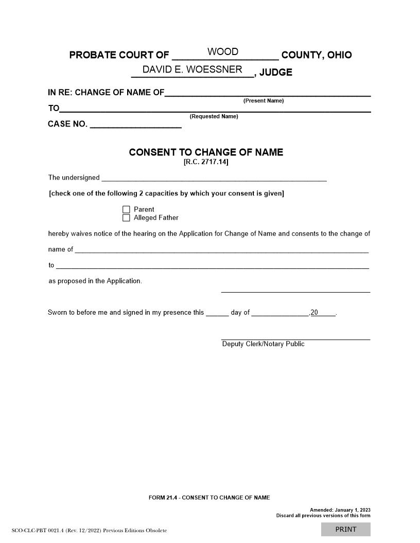 Consent To Change Of Name {21.4} | Pdf Fpdf Doc Docx | Ohio
