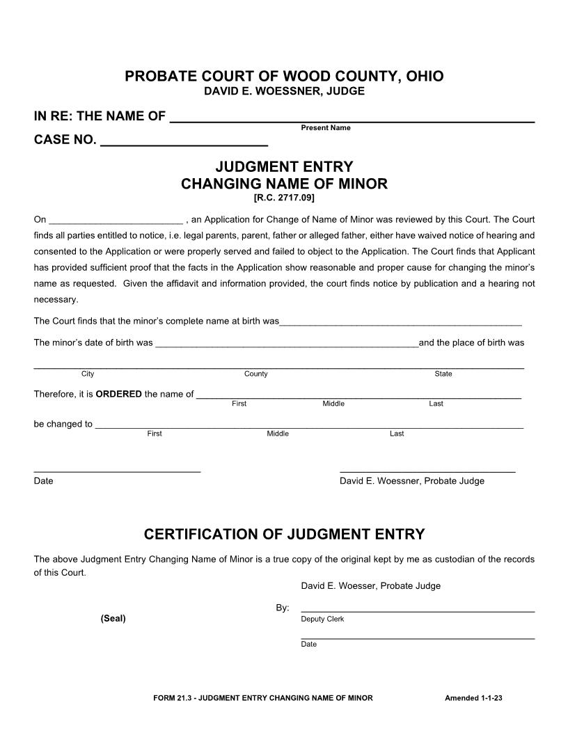 Judgment Entry-Change Of Name Of Minor {21.3} | Pdf Fpdf Doc Docx | Ohio