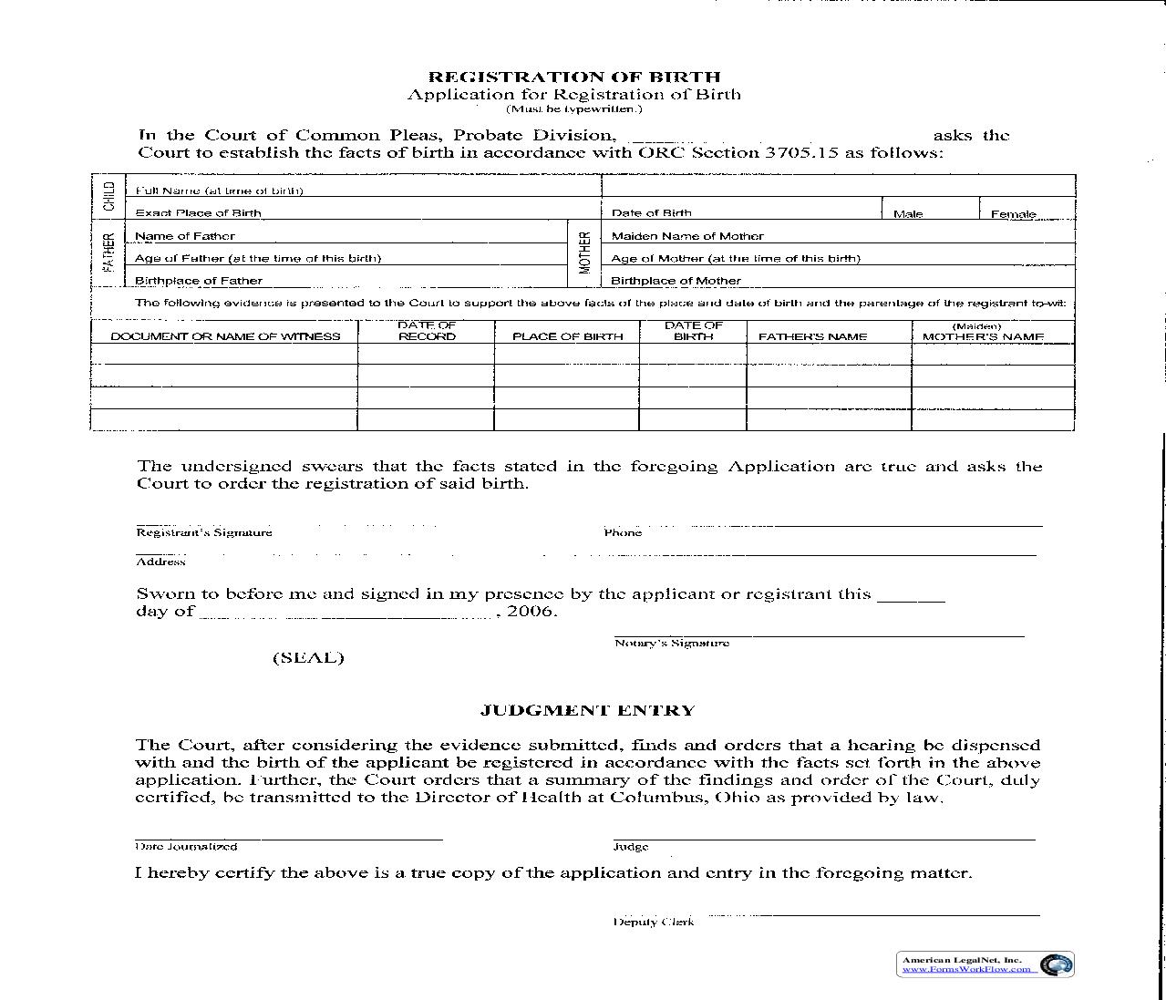 Application For Registration Of Birth {624.00} | Pdf Fpdf Doc Docx | Ohio