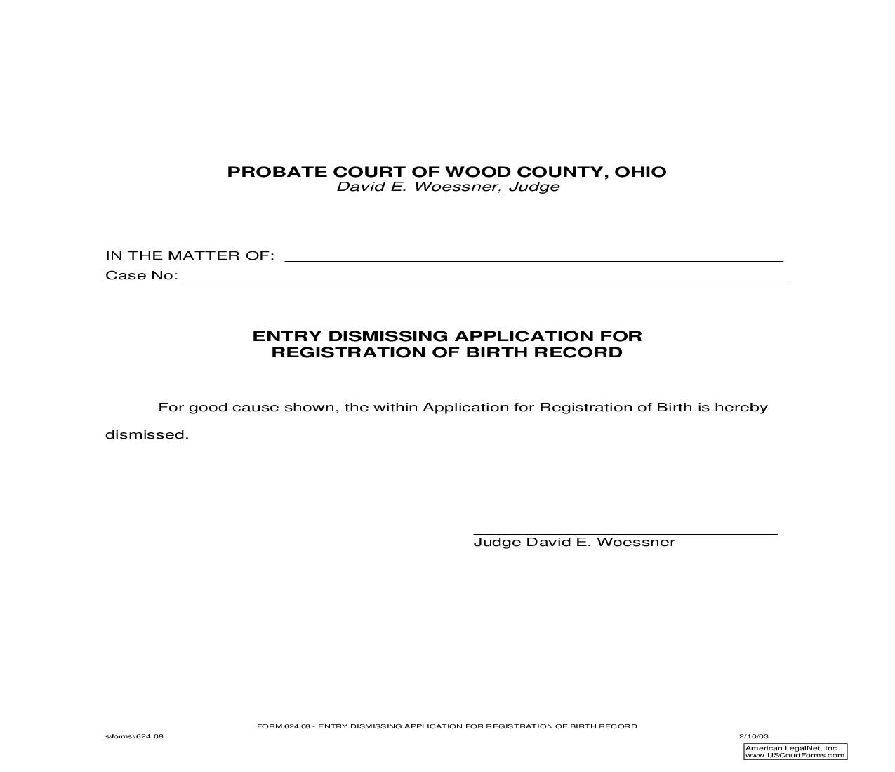 Entry Dismissing Application For Registration Of Birth Record {624.08} | Pdf Fpdf Doc Docx | Ohio