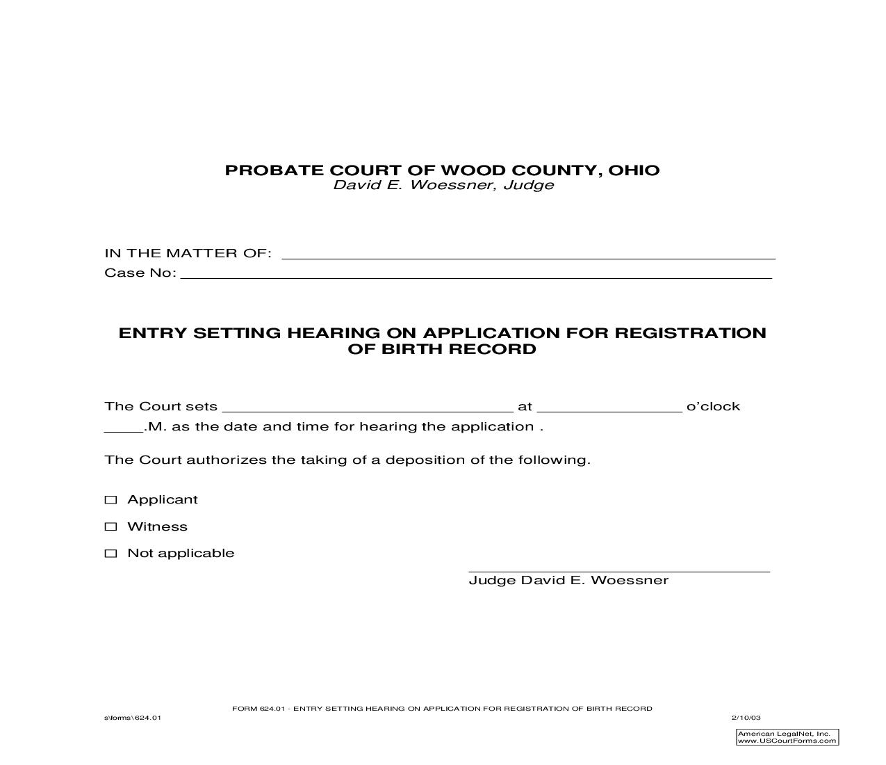 Entry Setting Hearing On Application For Registration Of Birth Record {624.01} | Pdf Fpdf Doc Docx | Ohio