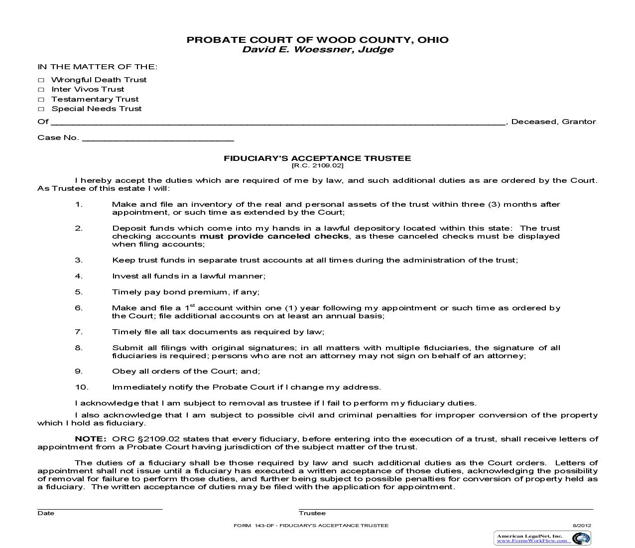 Fiduciarys Acceptance Trustee {143-DF} | Pdf Fpdf Doc Docx | Ohio