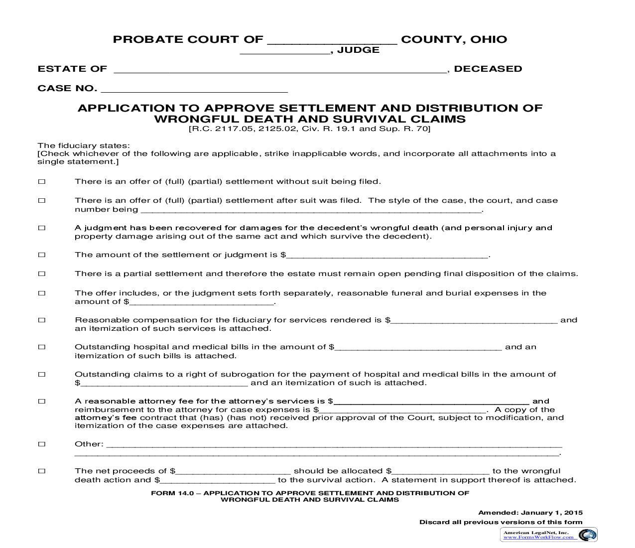 Application To Approve Settlement And Distribution Of Wrongful Death And Survival Claims {14.0} | Pdf Fpdf Doc Docx | Ohio
