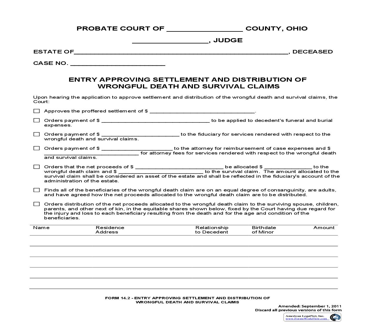 Entry Approving Settlement And Distribution Of Wrongful Death And Survival Claims {14.2} | Pdf Fpdf Doc Docx | Ohio