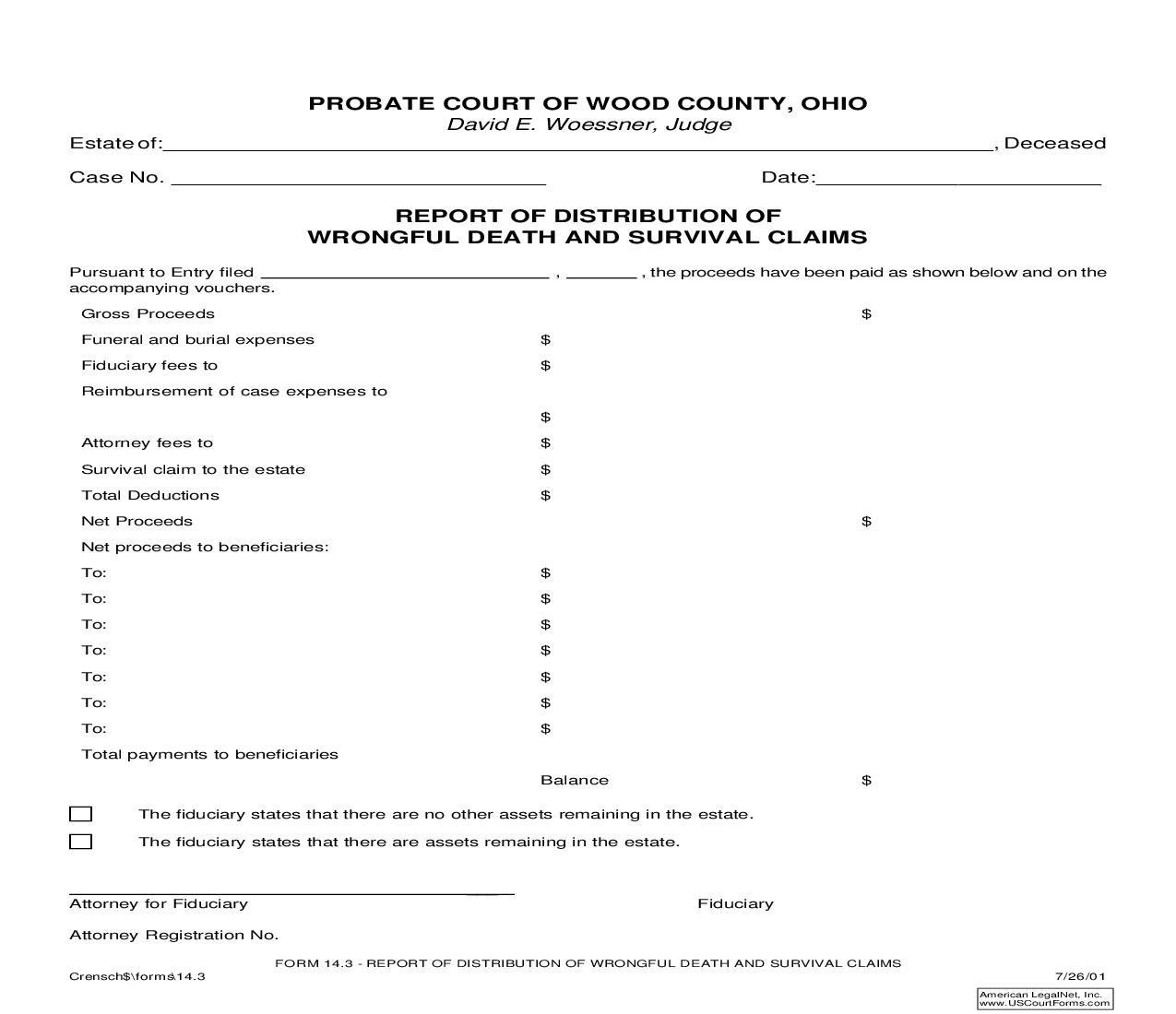 Report Of Distribution Of Wrongful Death And Survival Claims {14.3} | Pdf Fpdf Doc Docx | Ohio