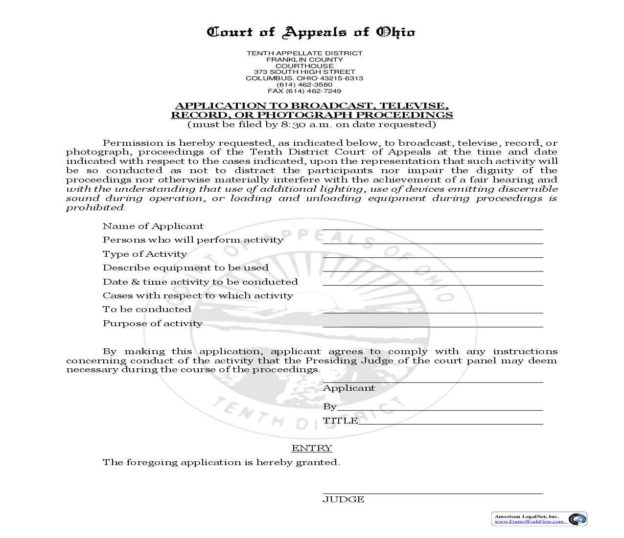 Application To Broadcast Televise Record Or Photograph Proceedings | Pdf Fpdf Doc Docx | Ohio