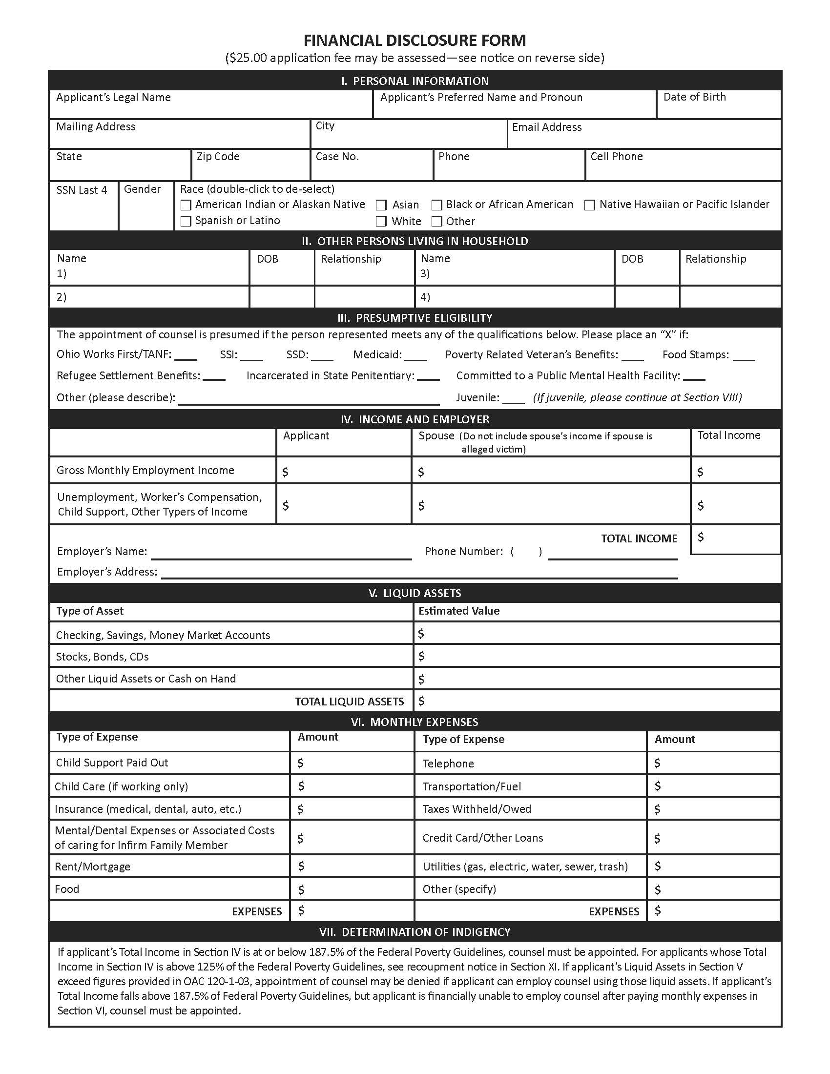 Financial Disclosure Affidavit Of Indigency {OPD-206R} | Pdf Fpdf Docx | Ohio