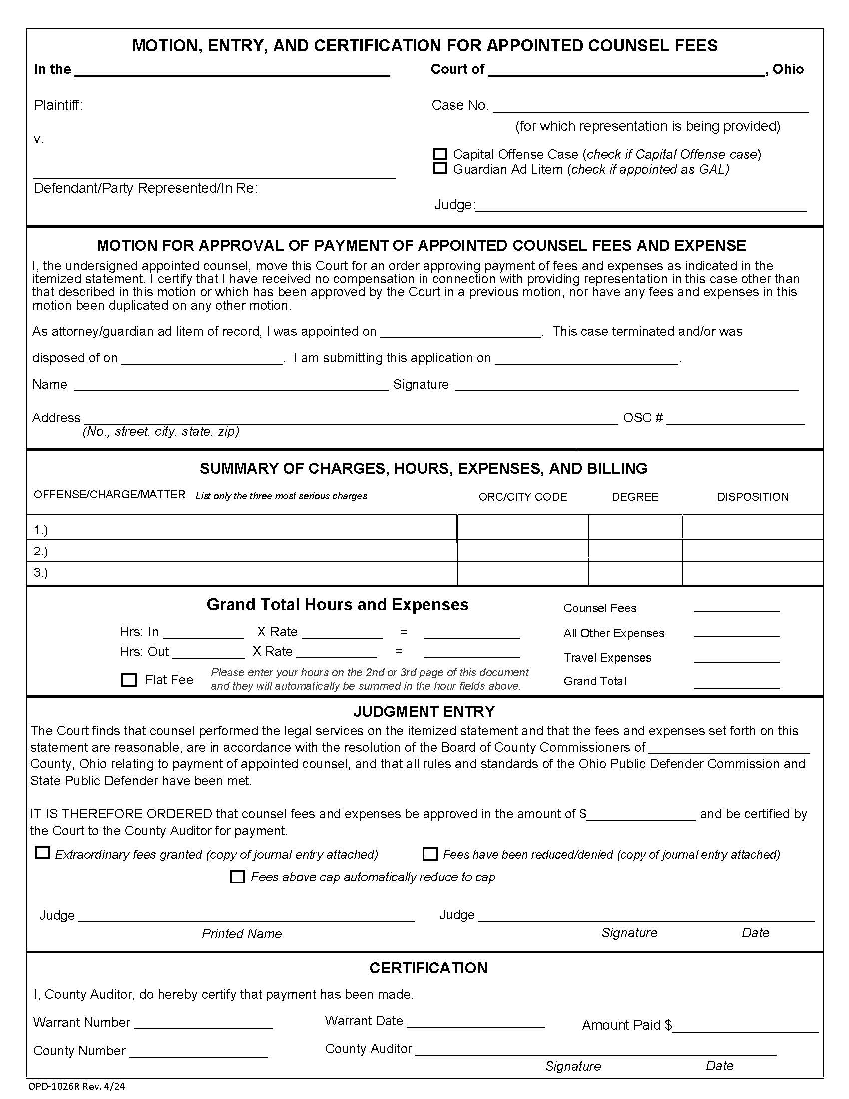 Motion Entry And Certification For Appointed Council Fees {OPD-1026R} | Pdf Fpdf Doc Docx | Ohio