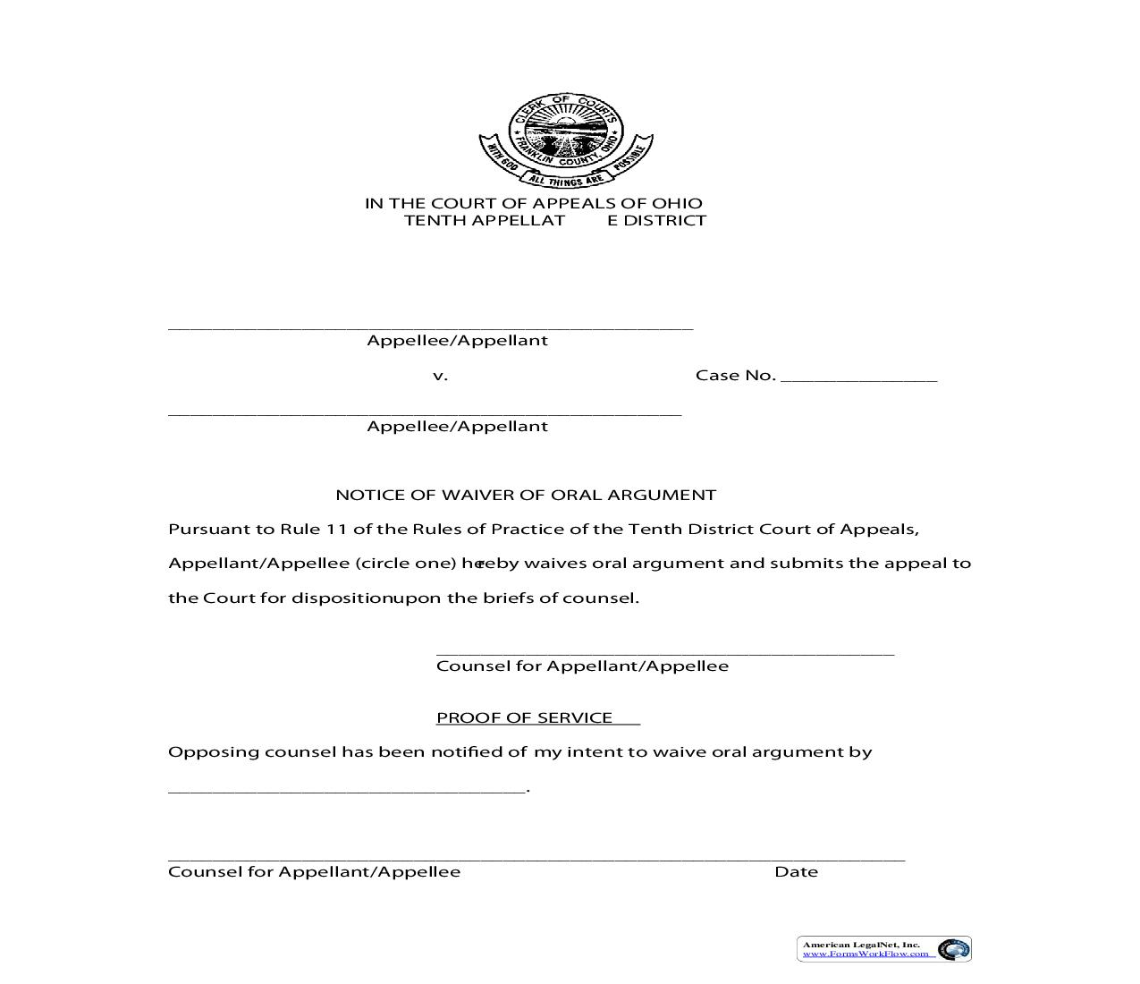 Notice Of Waiver Of Oral Argument By Agreement | Pdf Fpdf Doc Docx | Ohio