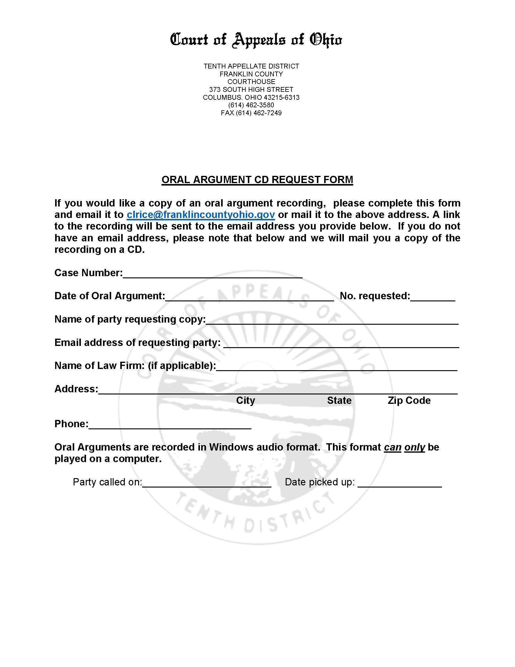 Oral Argument CD Request Form | Pdf Fpdf Doc Docx | Ohio