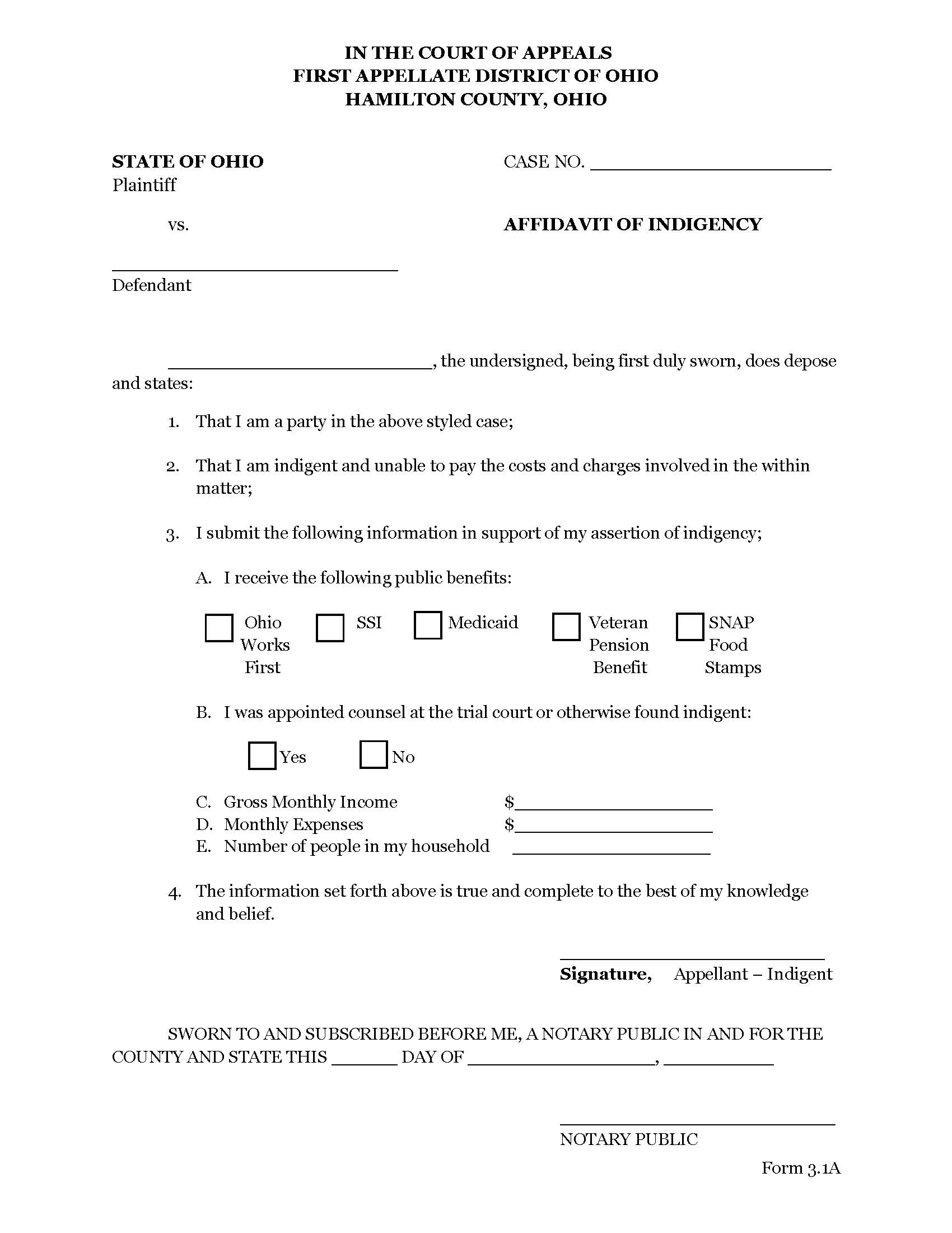 Affidavit Of Indigency {3.1A} | Pdf Fpdf Doc Docx | Ohio