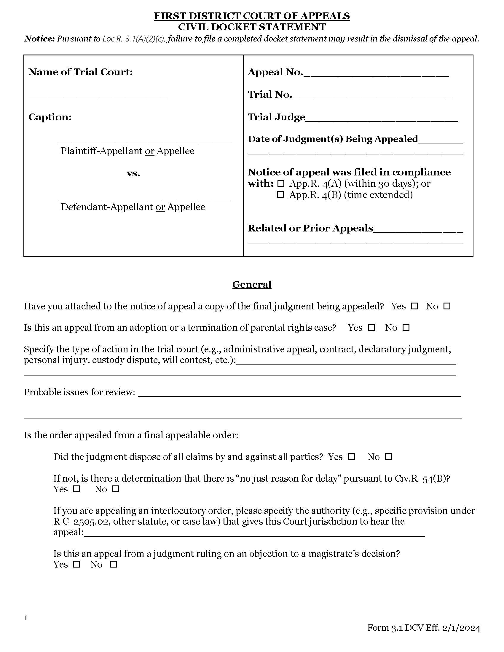 Civil Docket Statement {3.1DCV} | Pdf Fpdf Doc Docx | Ohio