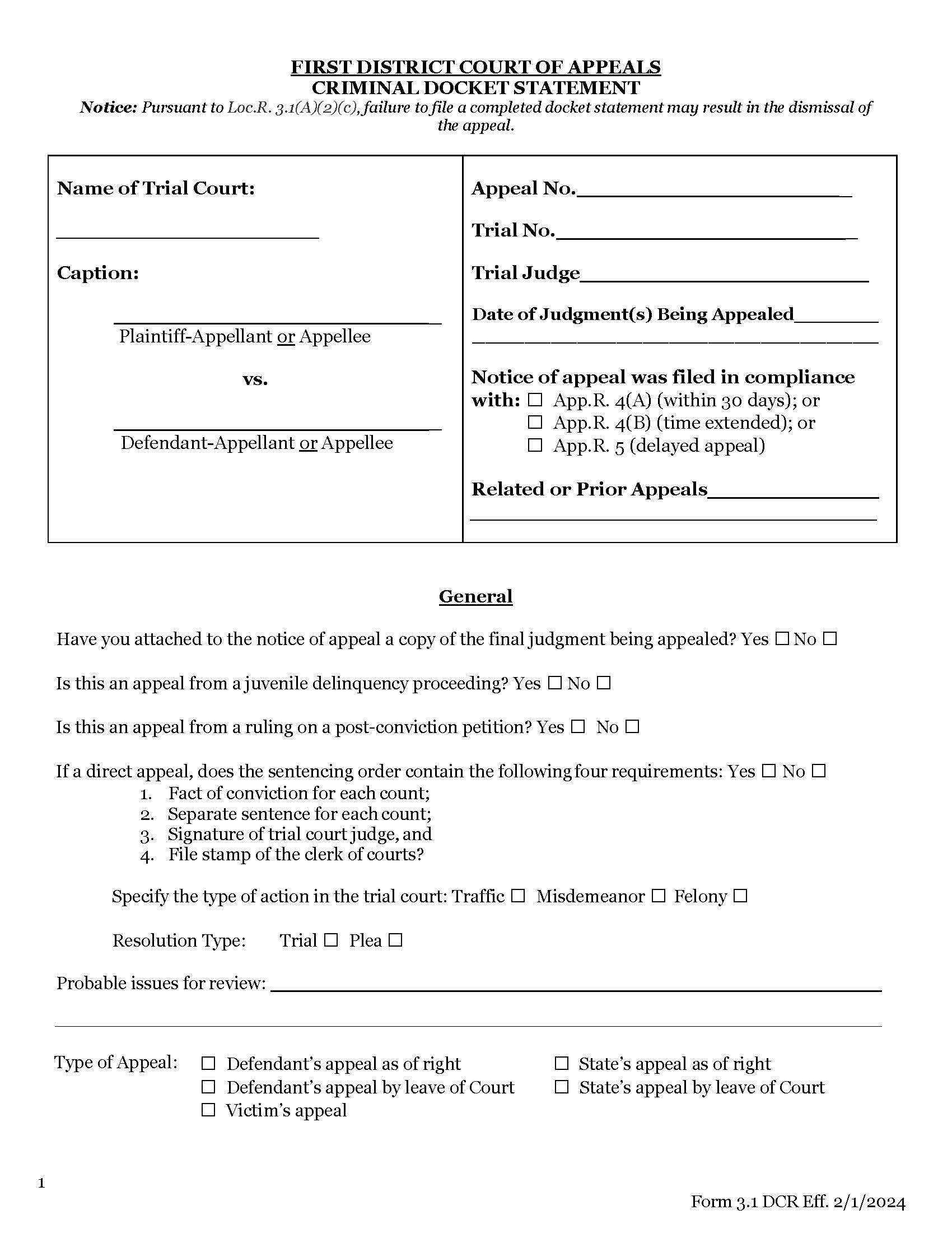 Criminal Docket Statement {3.1DCR} | Pdf Fpdf Doc Docx | Ohio