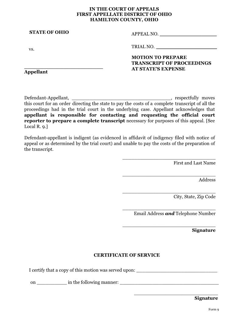 Motion To Prepare Transcripts Of Proceedings At State Expense | Pdf Fpdf Doc Docx | Ohio