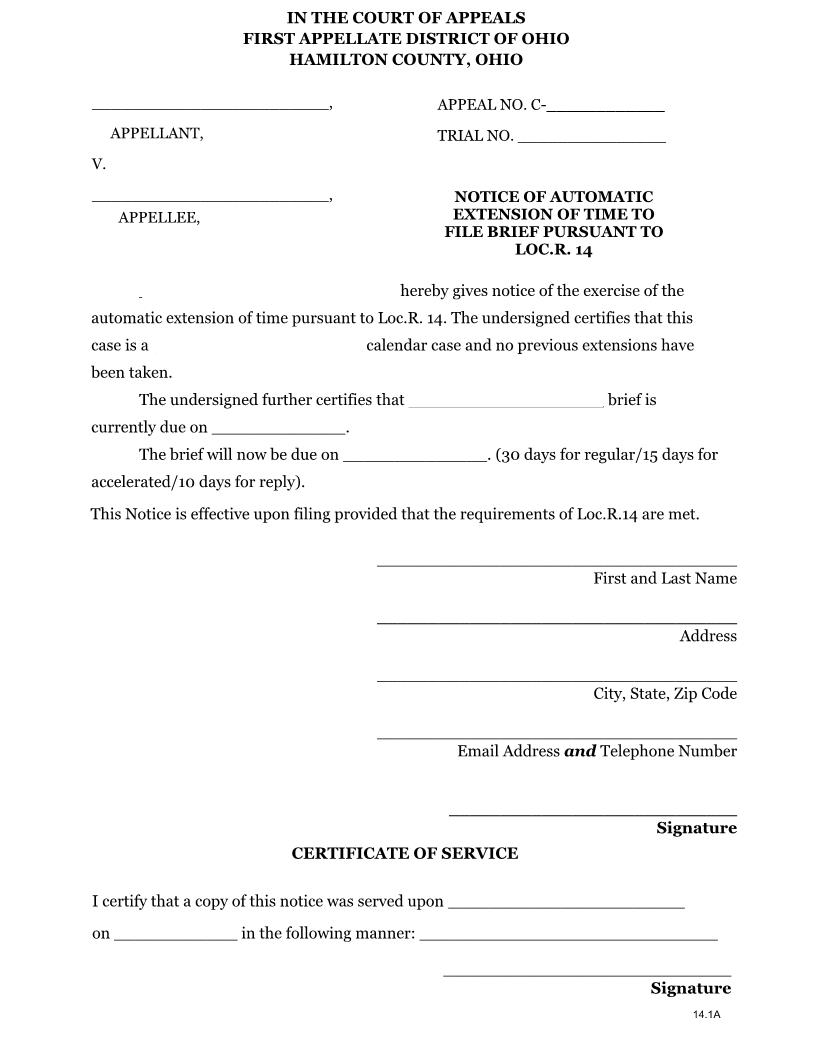 Notice Of Automatic Extension Of Time To File Extension {14.1A} | Pdf Fpdf Docx | Ohio