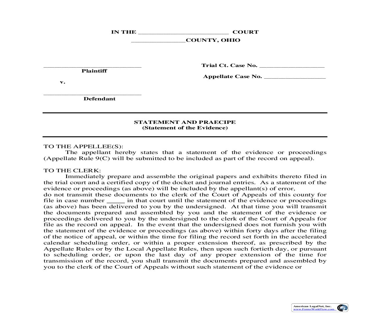 Statement And Praecipe (Statement Of Evidence) | Pdf Fpdf Doc Docx | Ohio