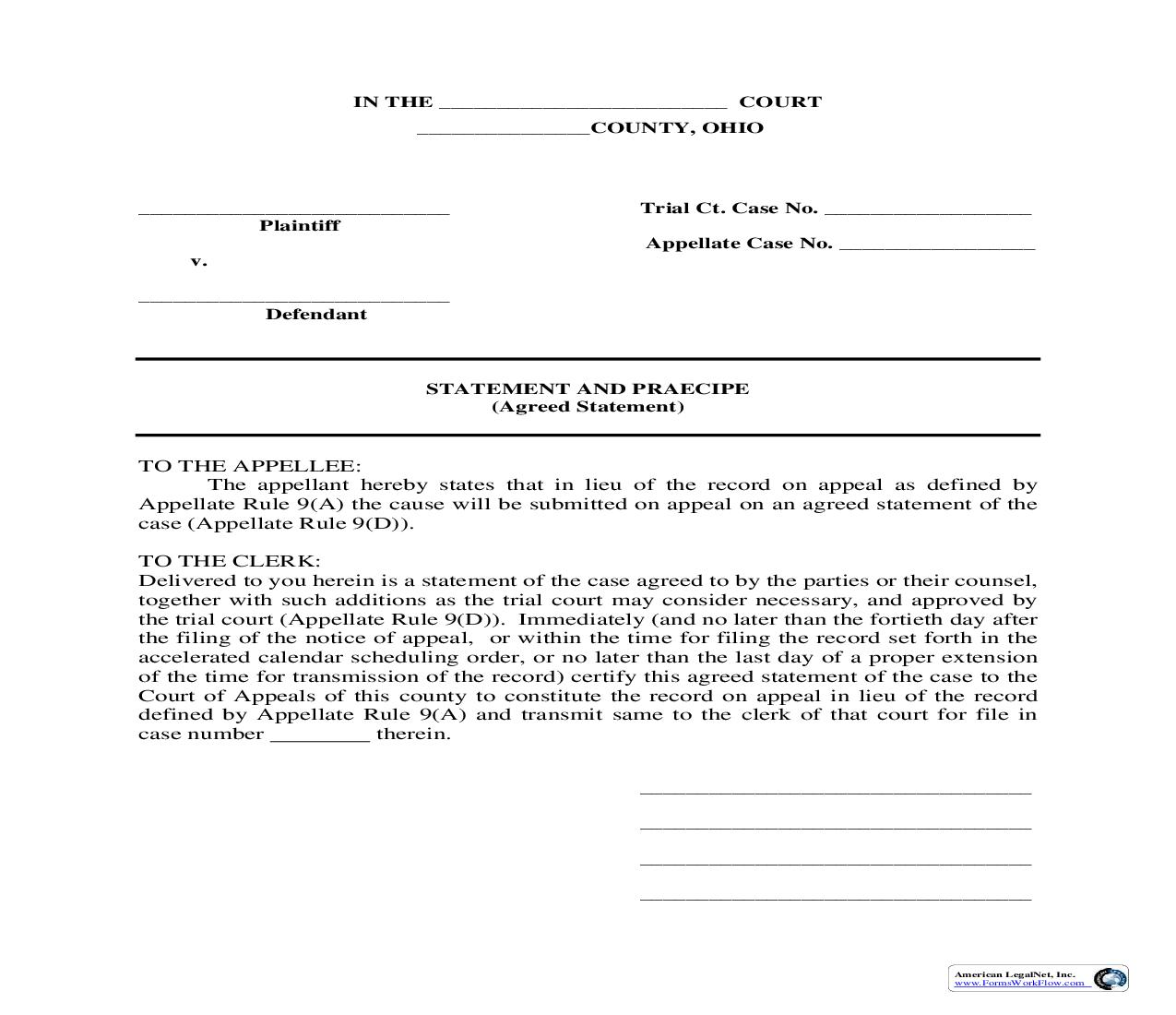 Statement And Praecipe Agreed Statement | Pdf Fpdf Doc Docx | Ohio