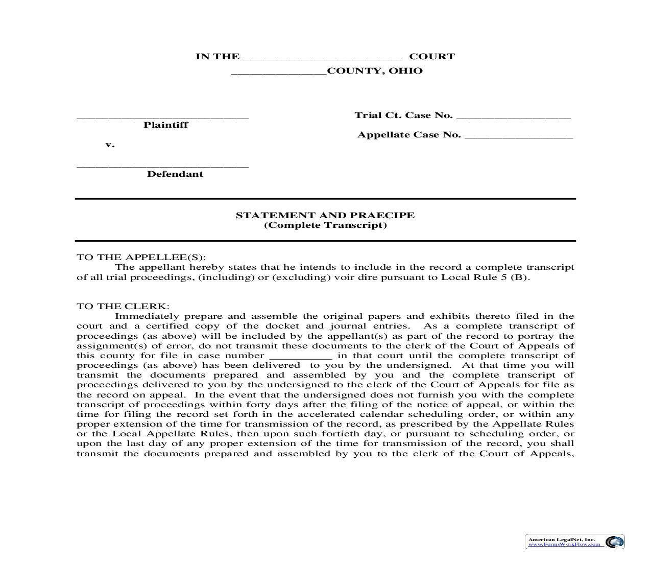 Statement And Praecipe Complete Transcript | Pdf Fpdf Doc Docx | Ohio