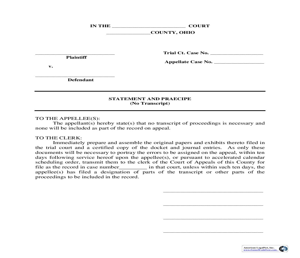 Statement And Praecipe No Transcript | Pdf Fpdf Doc Docx | Ohio