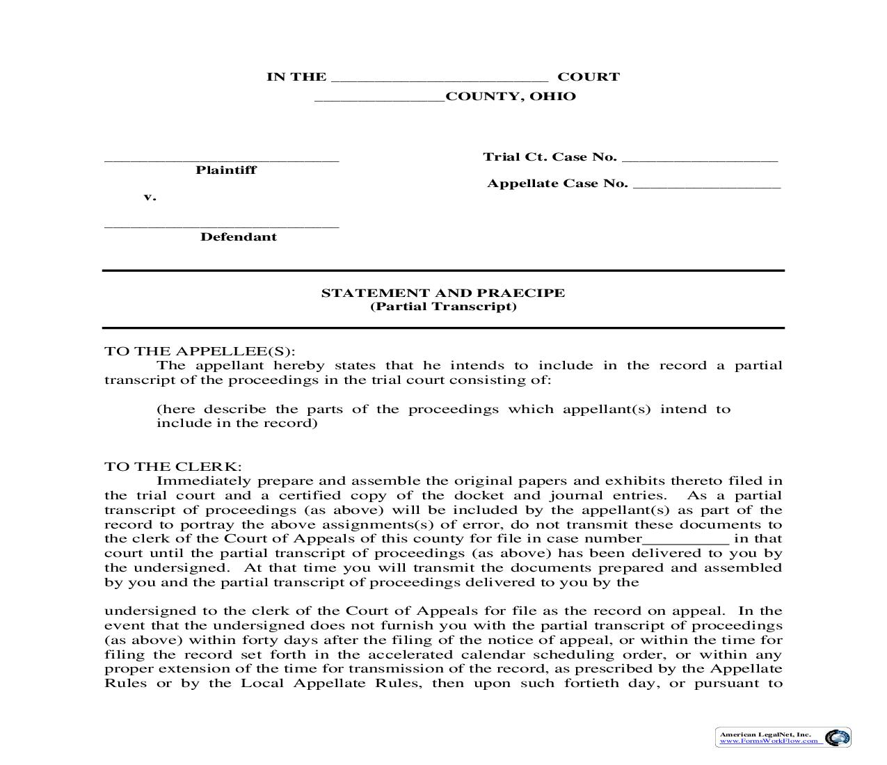 Statement And Praecipe Partial Transcript | Pdf Fpdf Doc Docx | Ohio