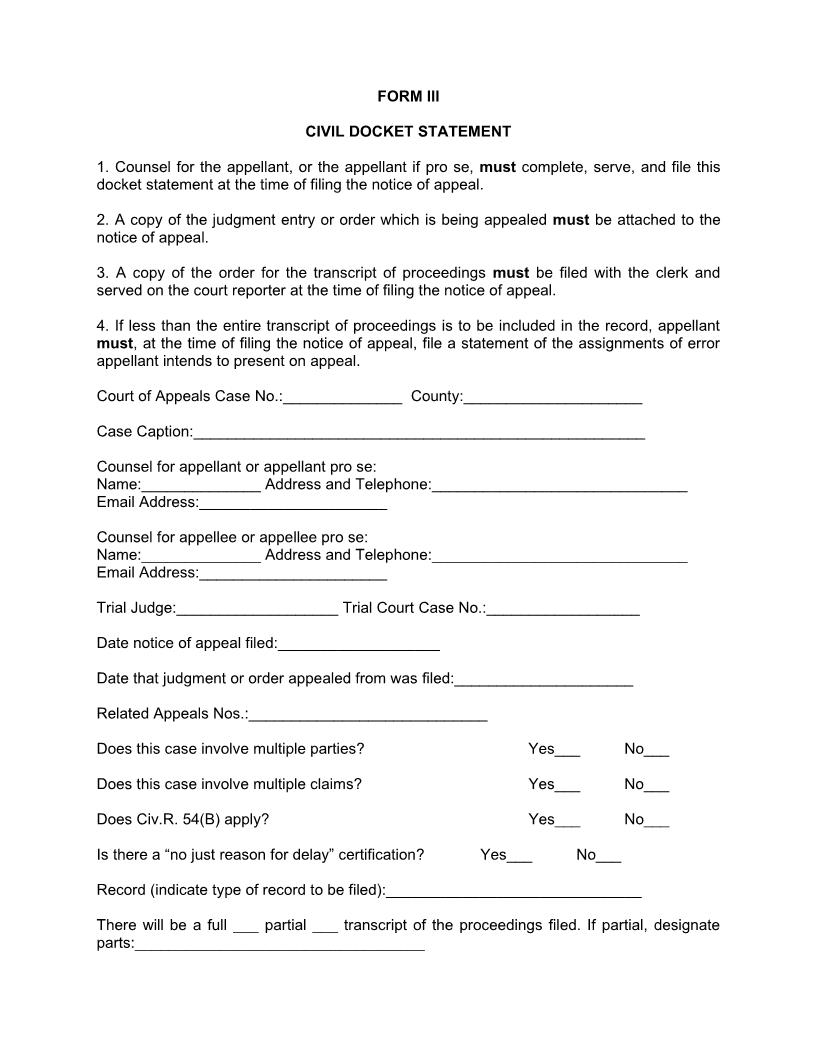 Civil Docket Statement (Fourth District Of Appeals) {III} | Pdf Fpdf Docx | Ohio