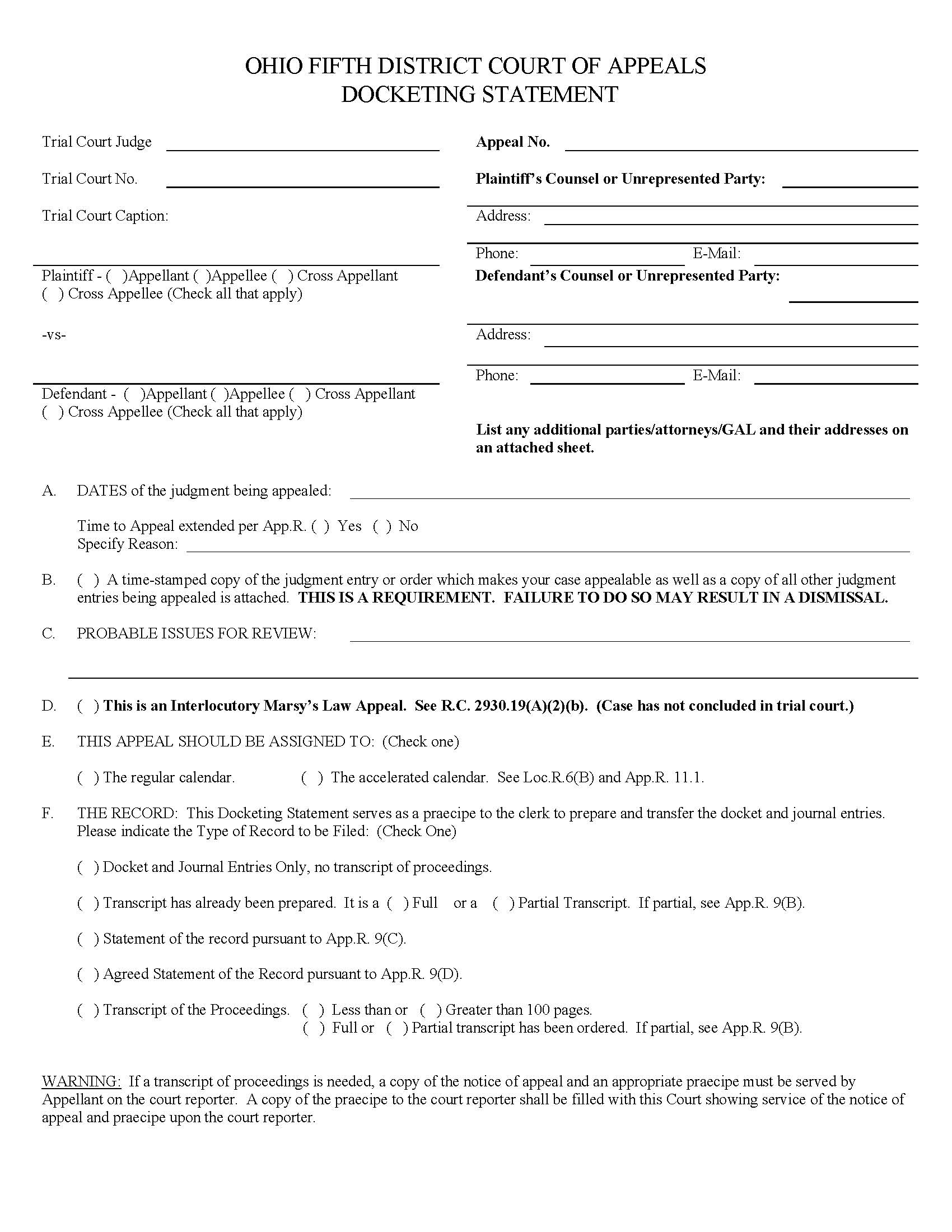 Docketing Statement | Pdf Fpdf Docx | Ohio