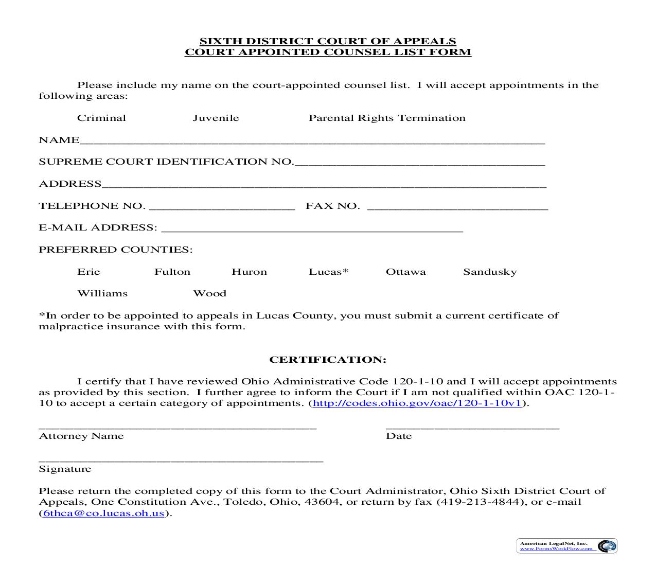 Court Appointed Counsel List Form | Pdf Fpdf Doc Docx | Ohio