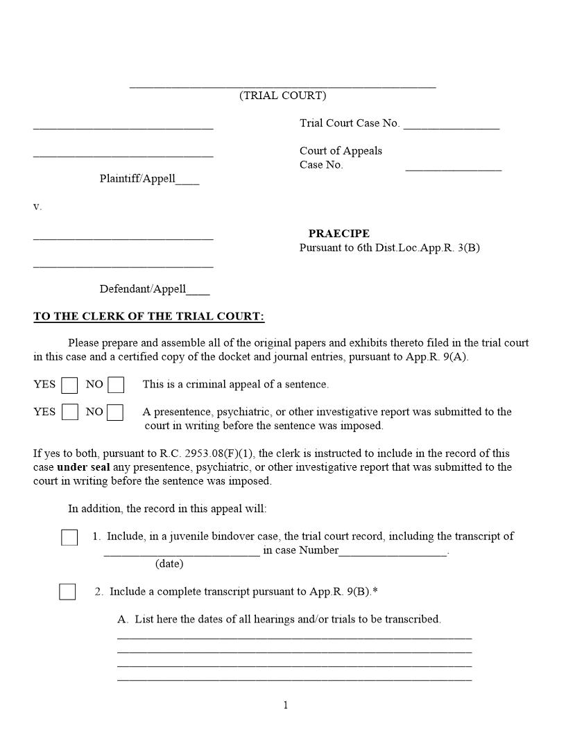 Praecipe {1} | Pdf Fpdf Doc Docx | Ohio