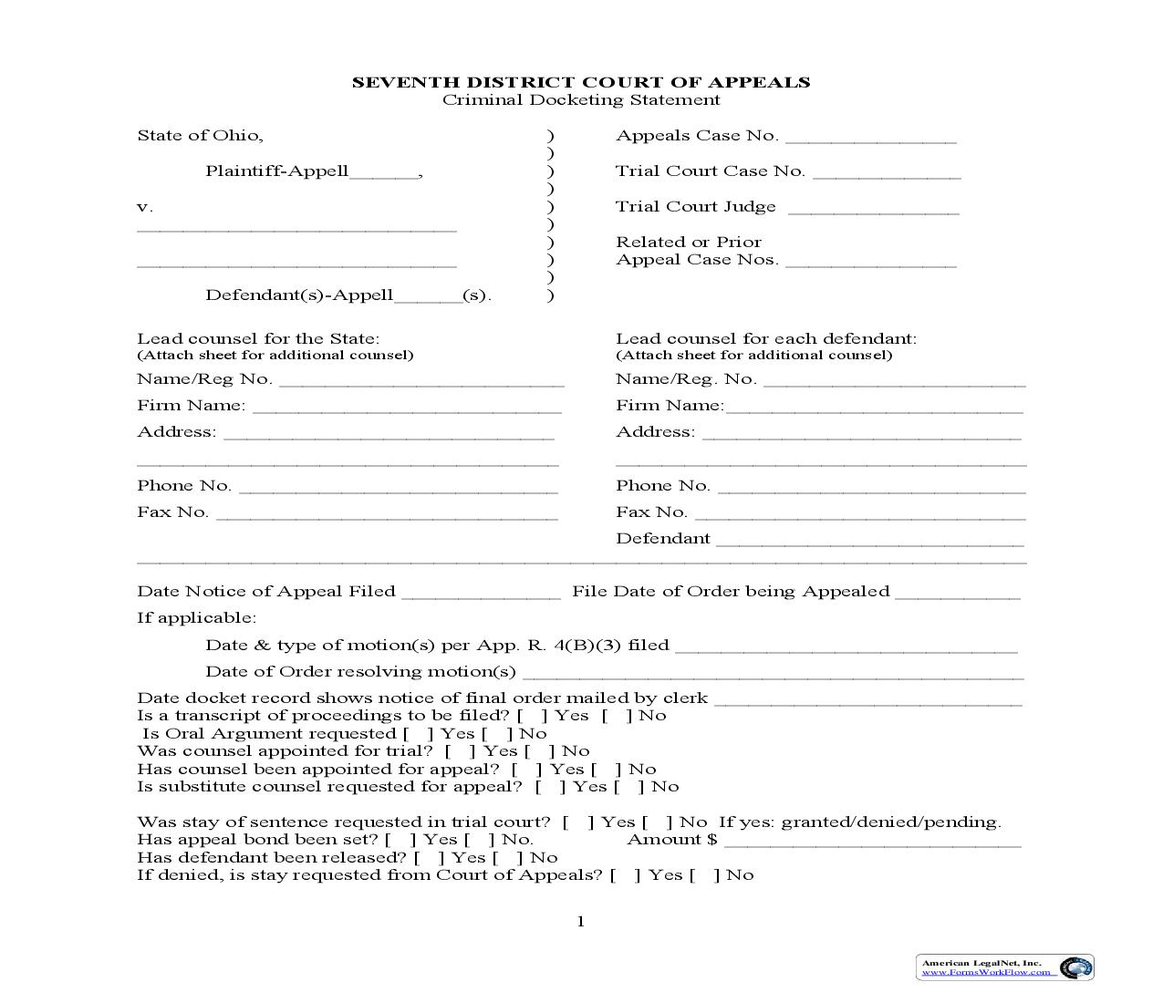 Criminal Docketing Statement | Pdf Fpdf Doc Docx | Ohio