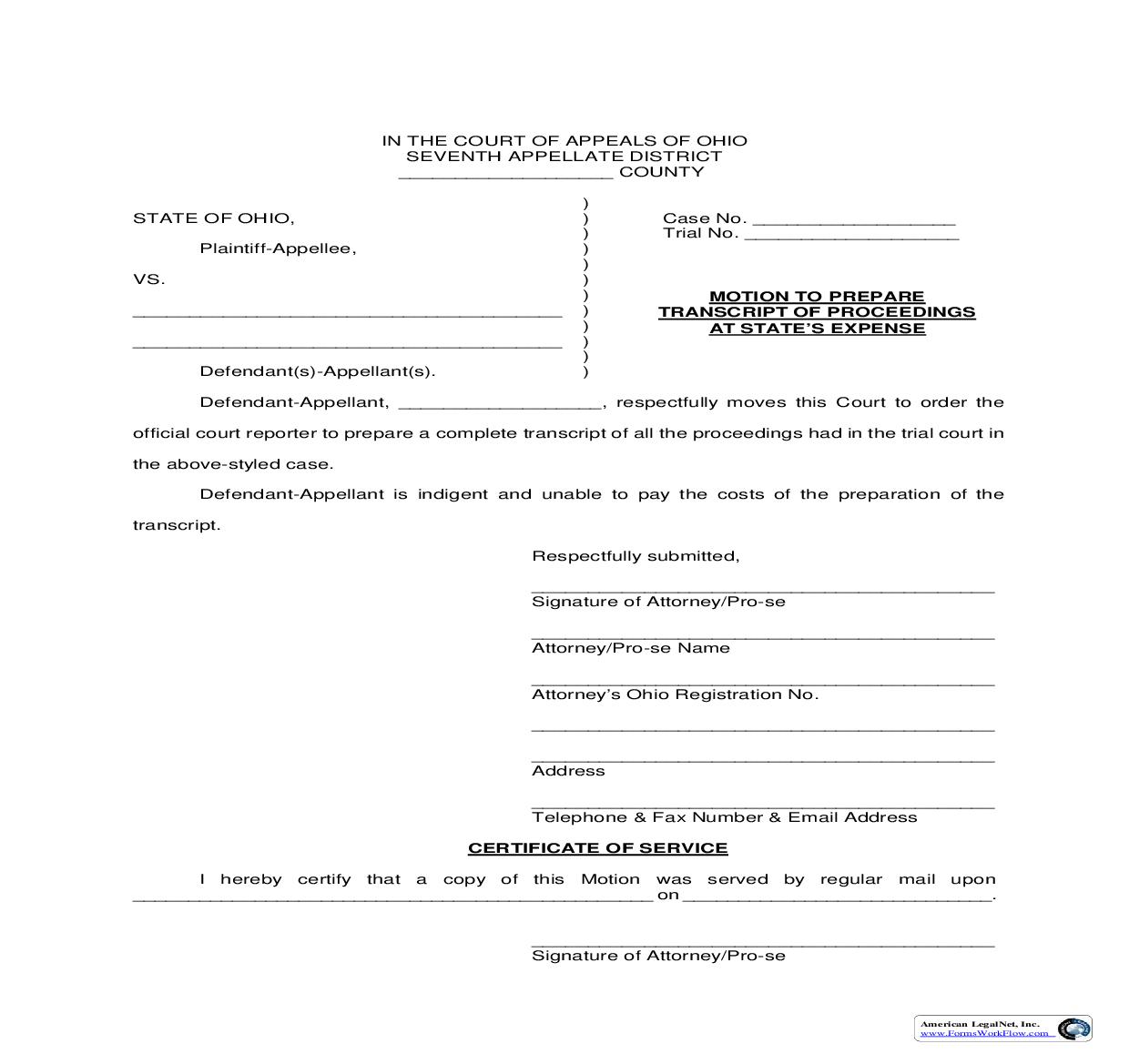 Motion To Prepare Transcript Of Proceedings At States Expense | Pdf Fpdf Doc Docx | Ohio