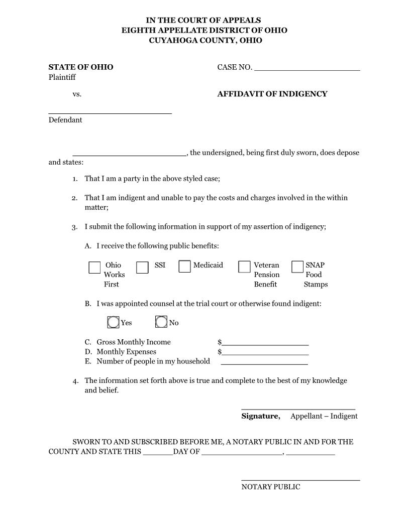 Affidavit Of Indigency | Pdf Fpdf Docx | Ohio