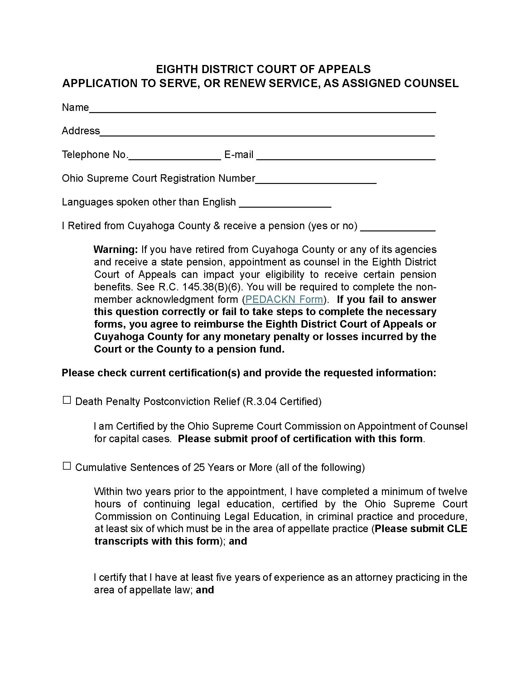 Application To Serve Or Renew Service As Assigned Counsel | Pdf Fpdf Docx | Ohio