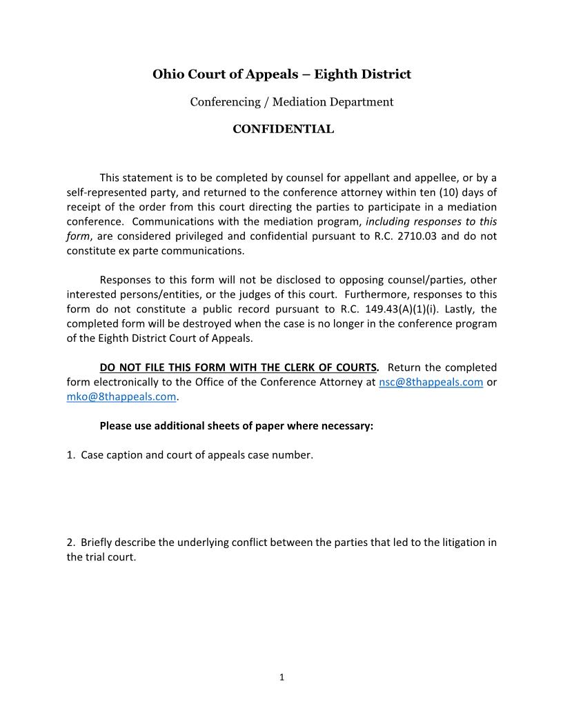 Mediation Statement Form | Pdf Fpdf Docx | Ohio