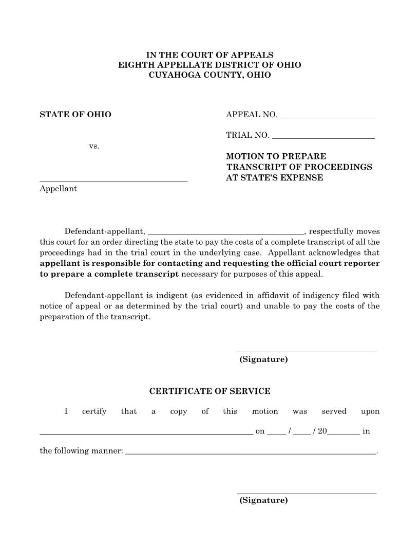 Motion To Prepare Transcript At States Expense | Pdf Fpdf Docx | Ohio