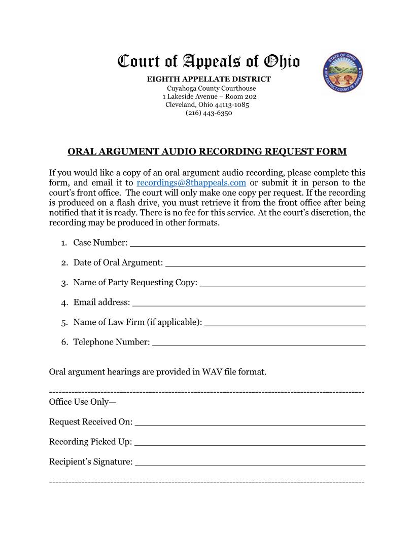 Oral Argument Audio Recording Request Form | Pdf Fpdf Docx | Ohio