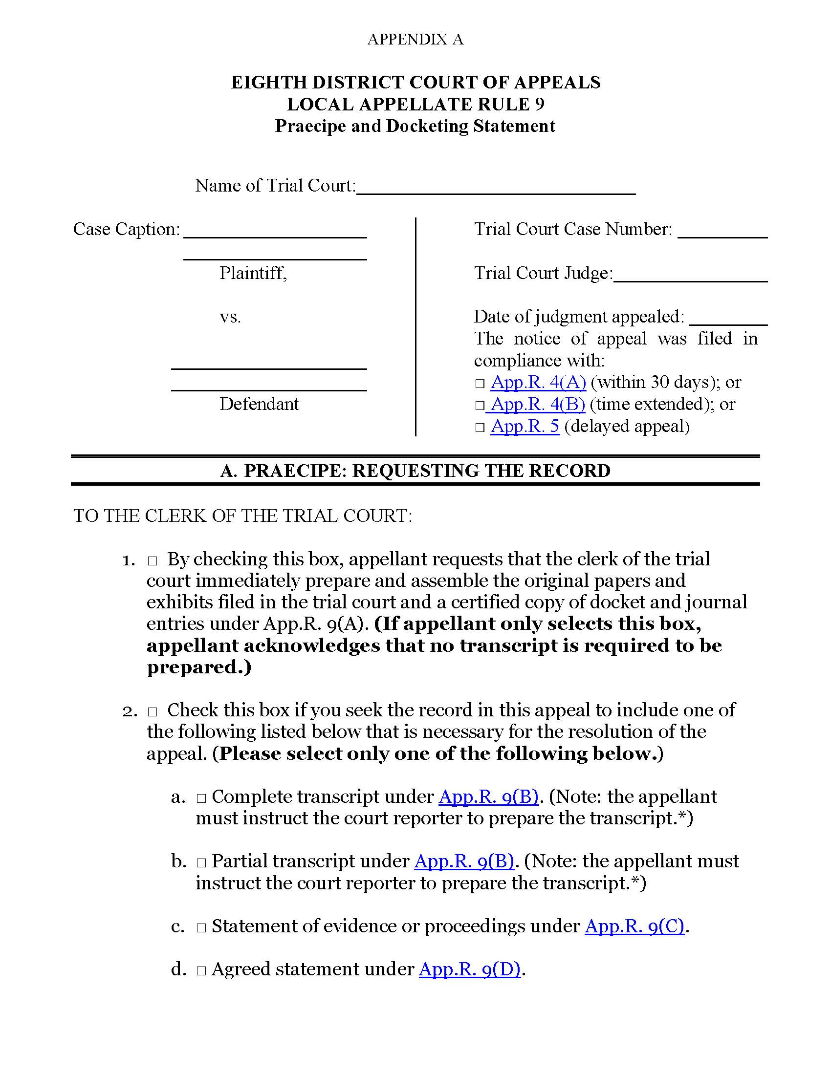 Praecipe And Docketing Statement | Pdf Fpdf Docx | Ohio