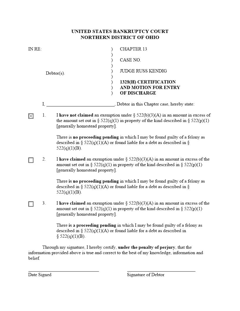 1328(H) Certification And Motion For Entry Of Discharge (Canton) | Pdf Fpdf Docx | Ohio