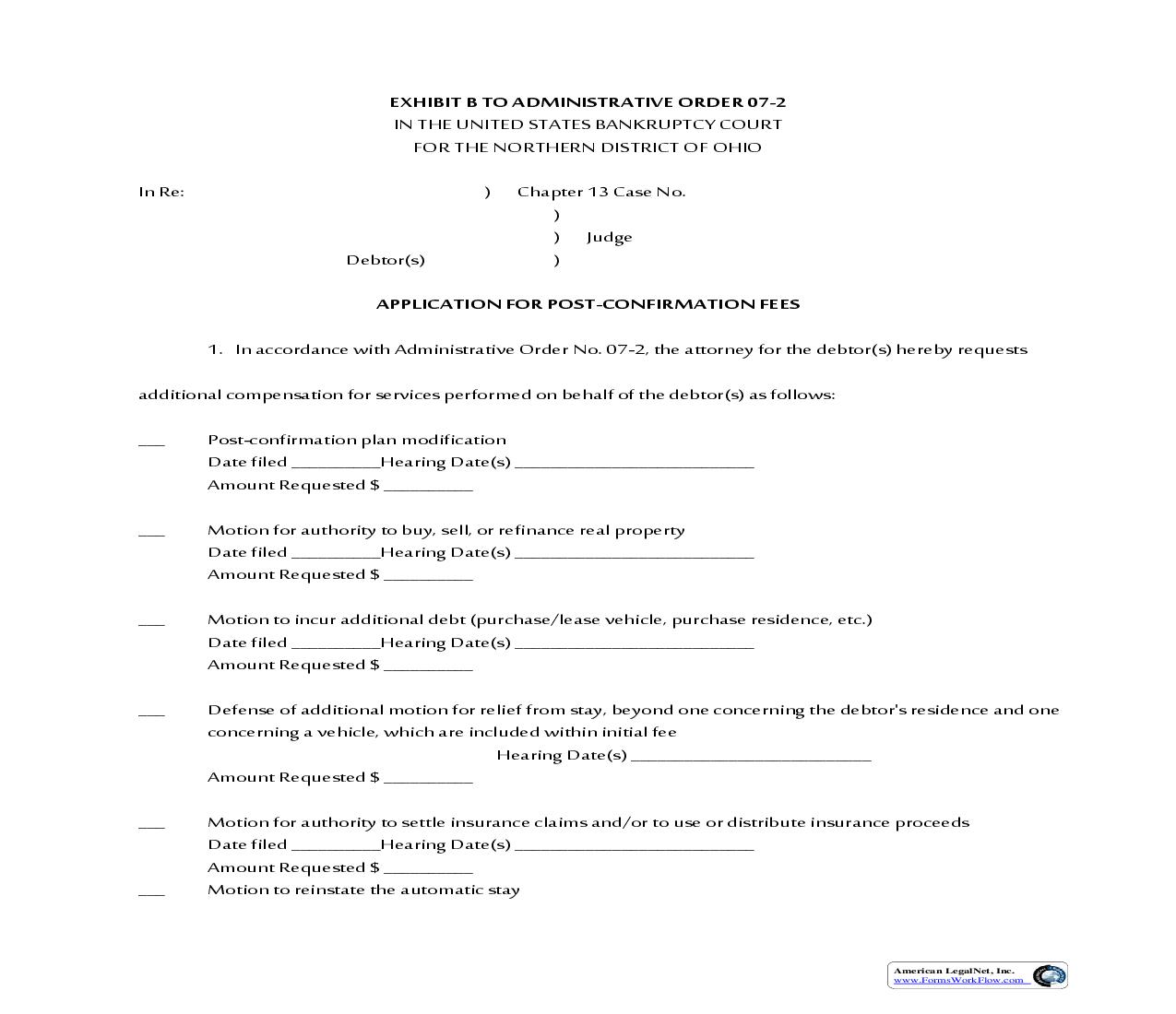 Application For Post Confirmation Fees (Cleveland) |  | Ohio