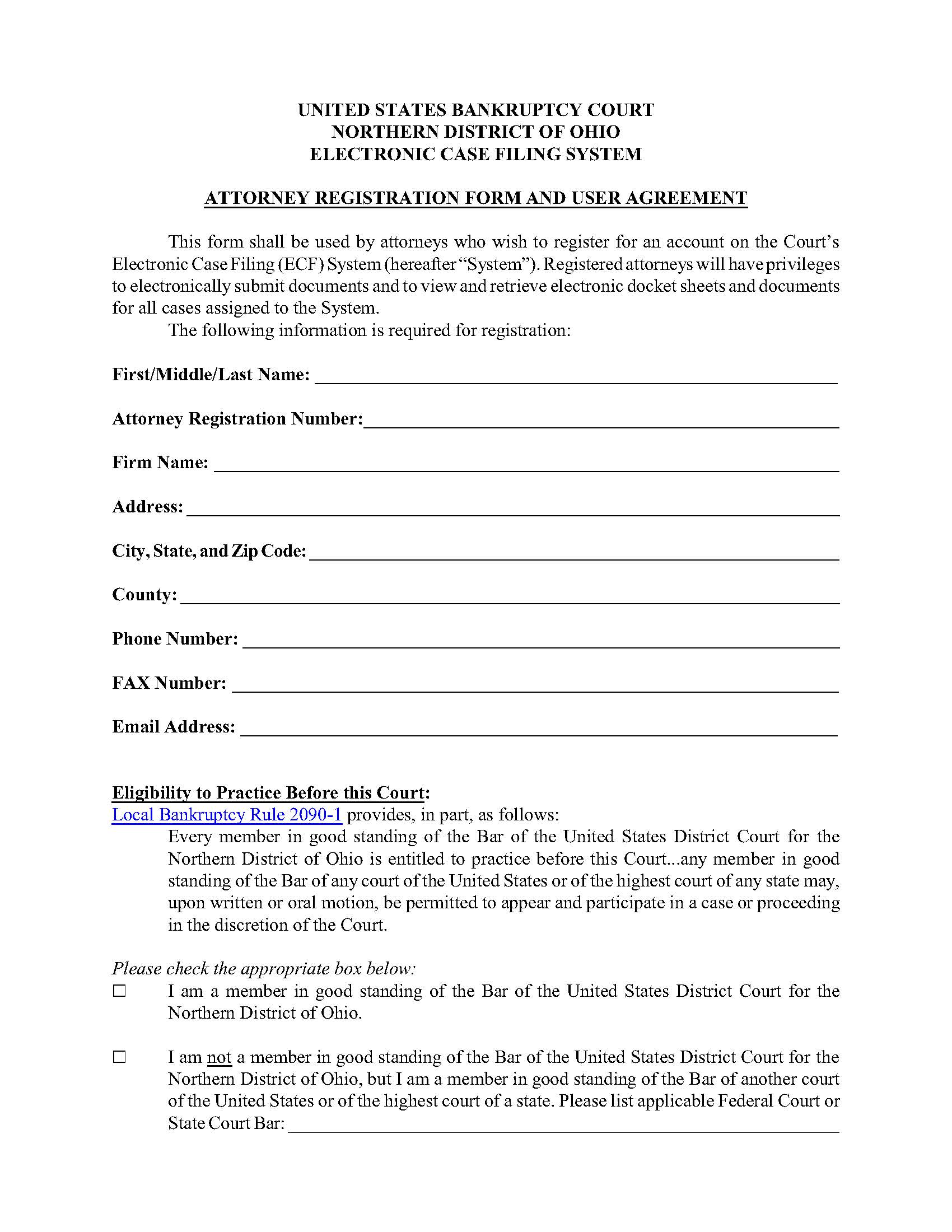 Attorney Registration Form And User Agreement (ECF) | Pdf Fpdf Docx | Ohio