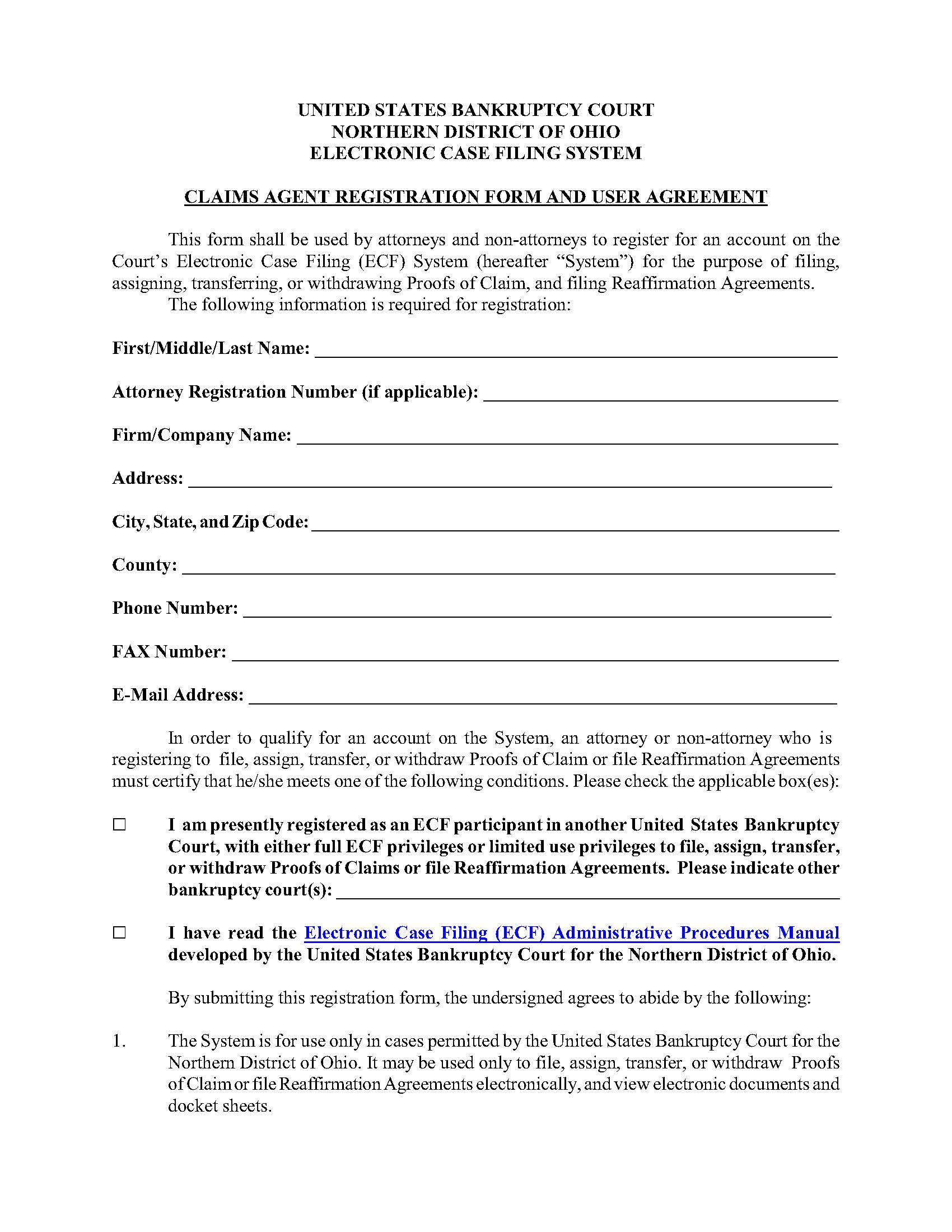 Claims Agent Registration Form And User Agreement (ECF) | Pdf Fpdf Docx | Ohio
