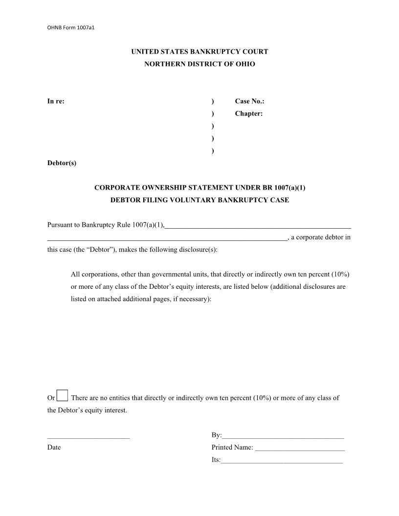 Corporate Ownership Statement Under BR 1007(a)(1) Debtor Filing Voluntary Bankruptcy Case | Pdf Fpdf Docx | Ohio