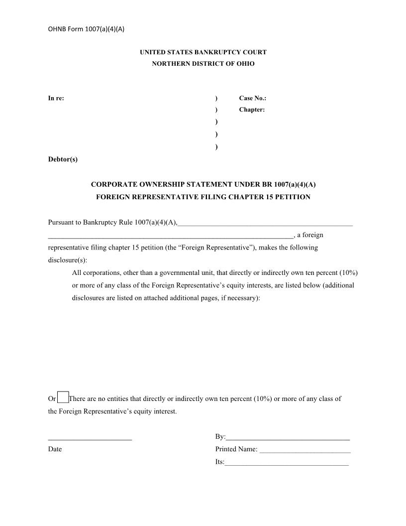 Corporate Ownership Statement Under BR 1007(a)(4)(a) Foreign Representative Filing Chapter 15 Petititon | Pdf Fpdf Docx | Ohio