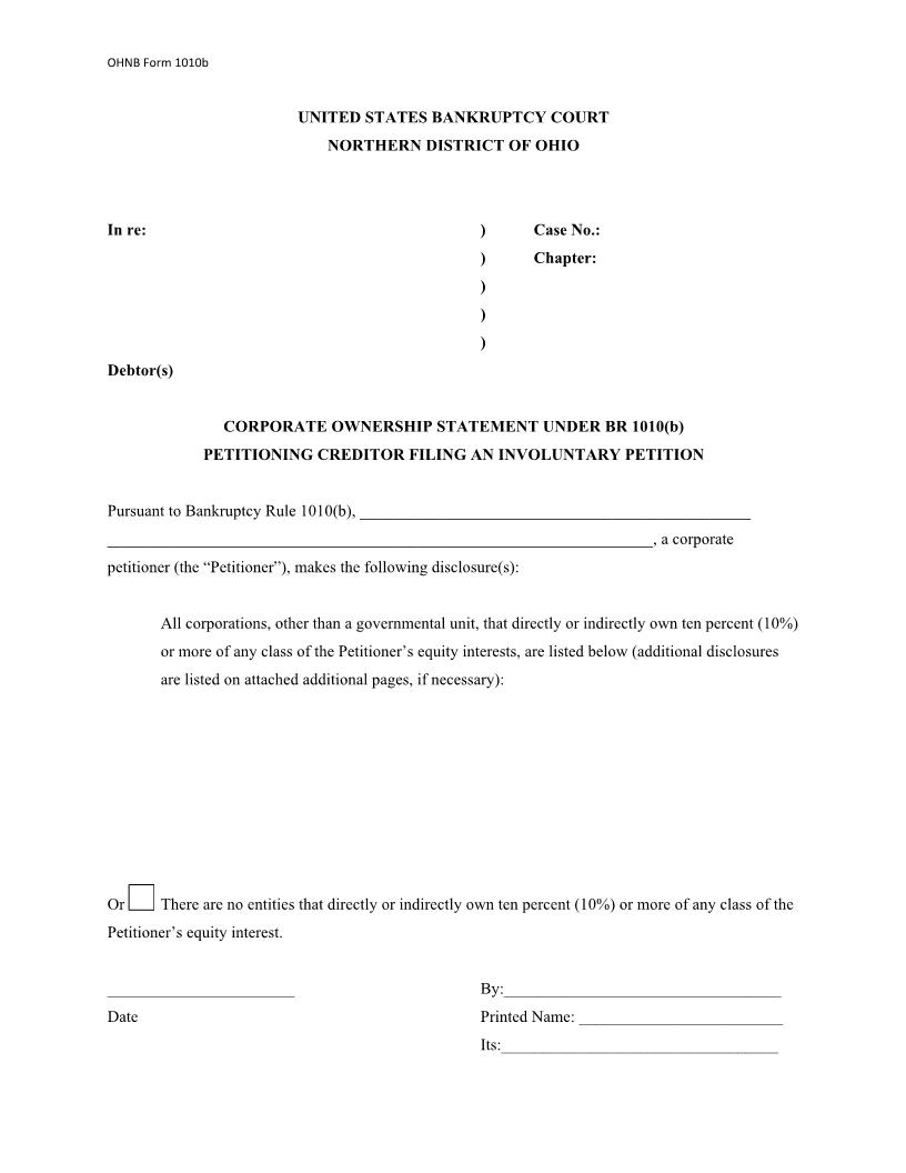 Corporate Ownership Statement Under BR 1010(b) Petitioning Creditor Filing An Involuntary Petition | Pdf Fpdf Docx | Ohio