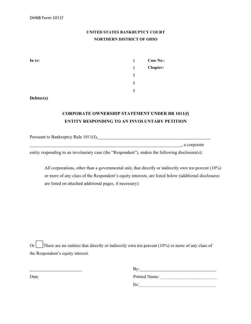 Corporate Ownership Statement Under BR 1011(f) Entity Responding To An Involuntary Petition | Pdf Fpdf Docx | Ohio
