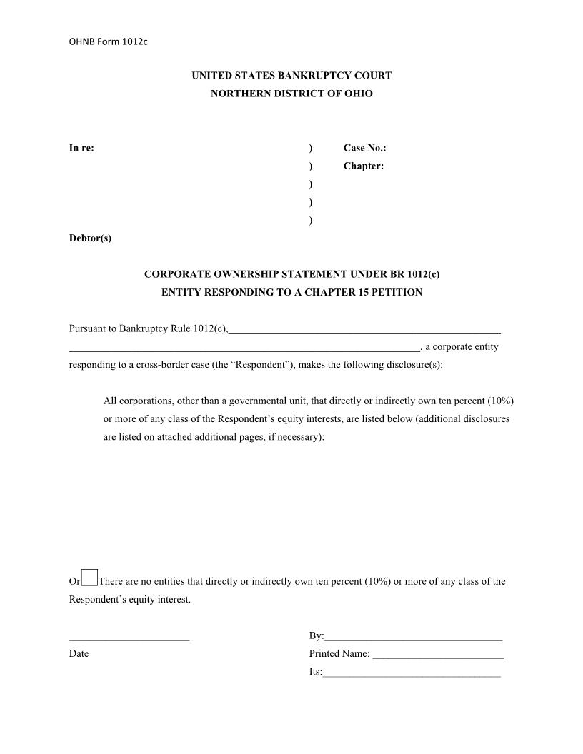 Corporate Ownership Statement Under BR 1012(c) Entity Responding To A Chapter 15 Petition | Pdf Fpdf Docx | Ohio