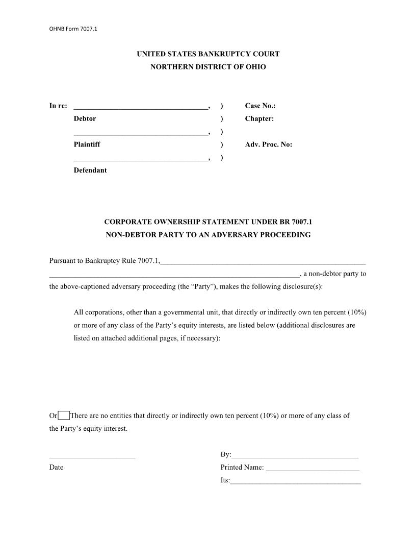 Corporate Ownership Statement Under BR 7007.1 Non-Debtor Party To An Adversary Proceeding | Pdf Fpdf Docx | Ohio