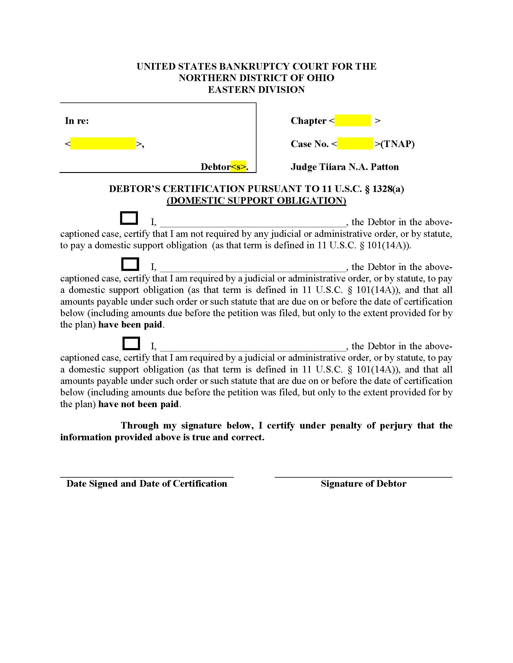 Debtors Certification Pursuant To 11 U.S.C. 1328(a) (Domestic Support Obligation) (Youngstown) | Pdf Fpdf Docx | Ohio