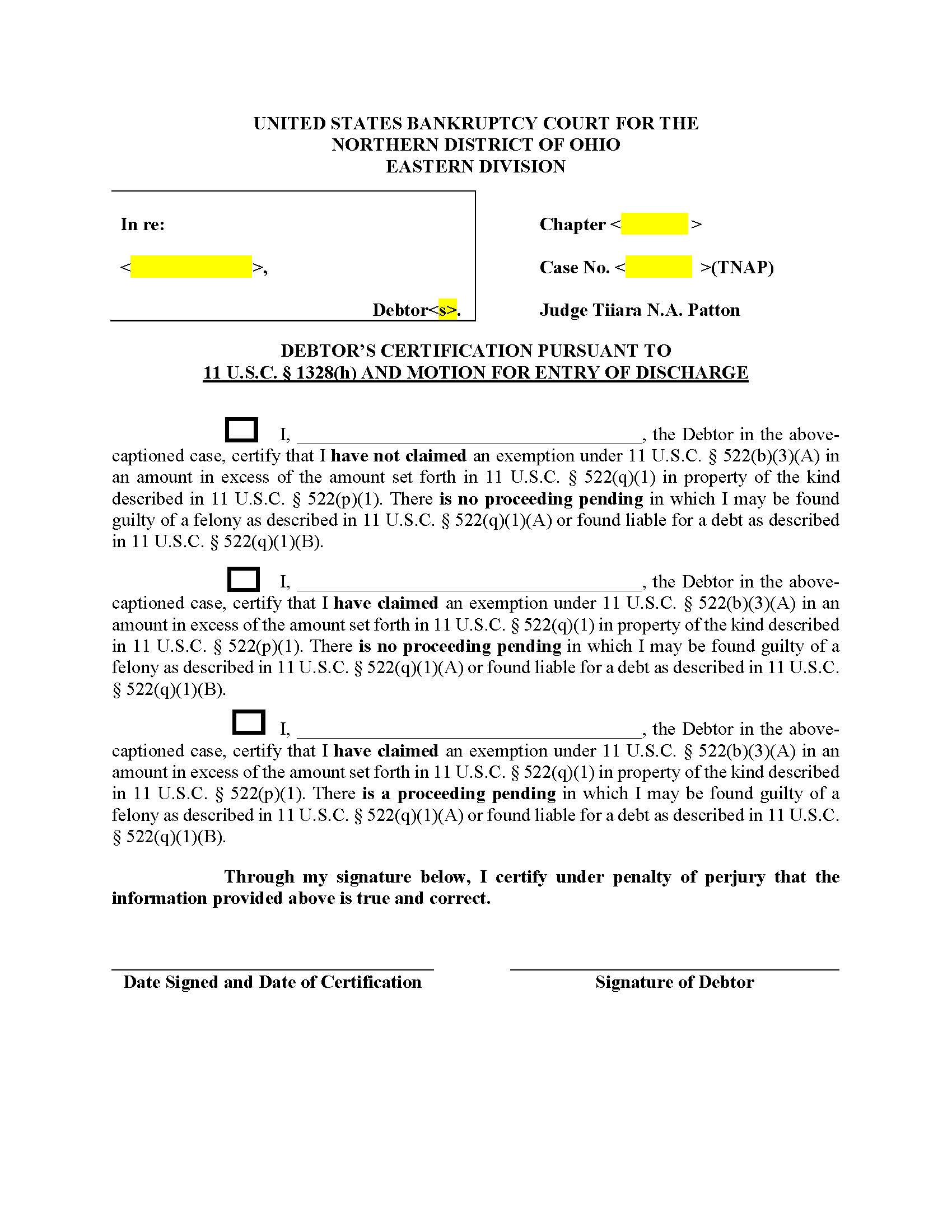 Debtors Certification Pursuant To 11 U.S.C. 1328(h) And Motion For Entry Of Discharge (Youngstown) | Pdf Fpdf Docx | Ohio